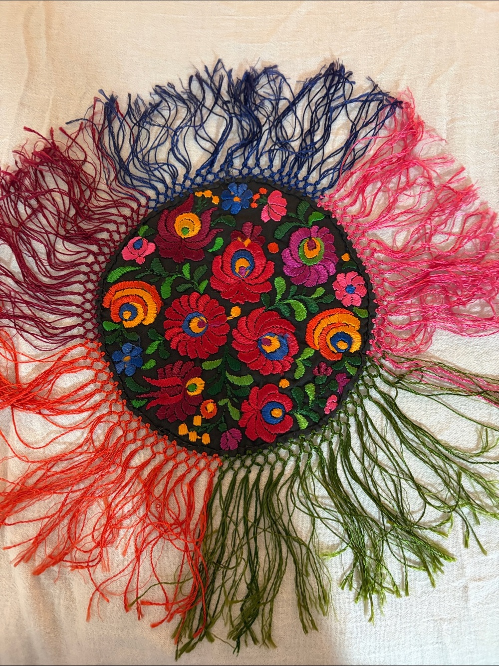 Hungarian Matyo folk art table doily w/ floral motif and fringe Vibrant Vintage
